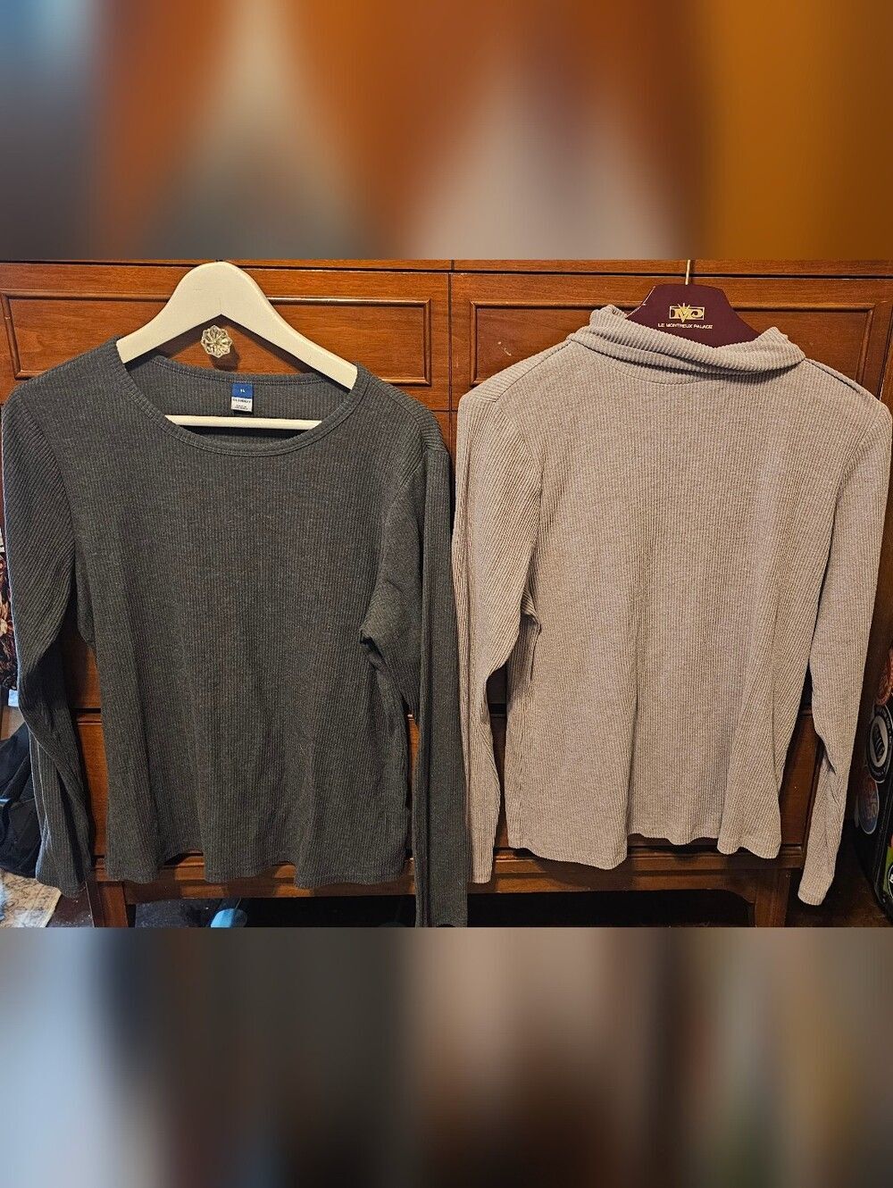 Two Long Sleeve Thermal Tops - Charcoal Gray & Light Taupe